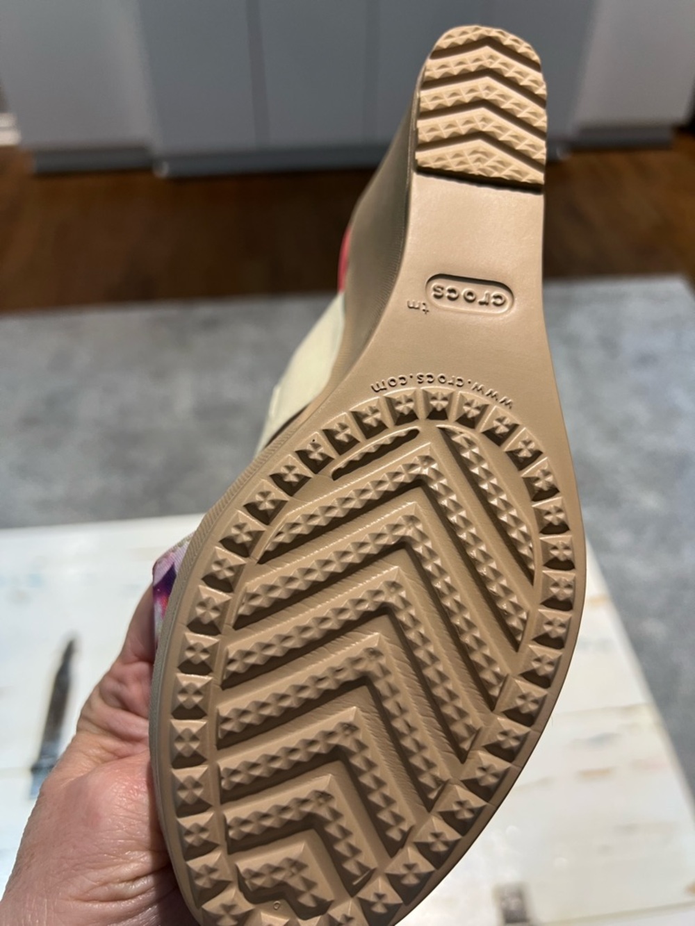 CROCS Coral Slide Sandals with Floral and Light Gray Straps - Picture 10 of 12